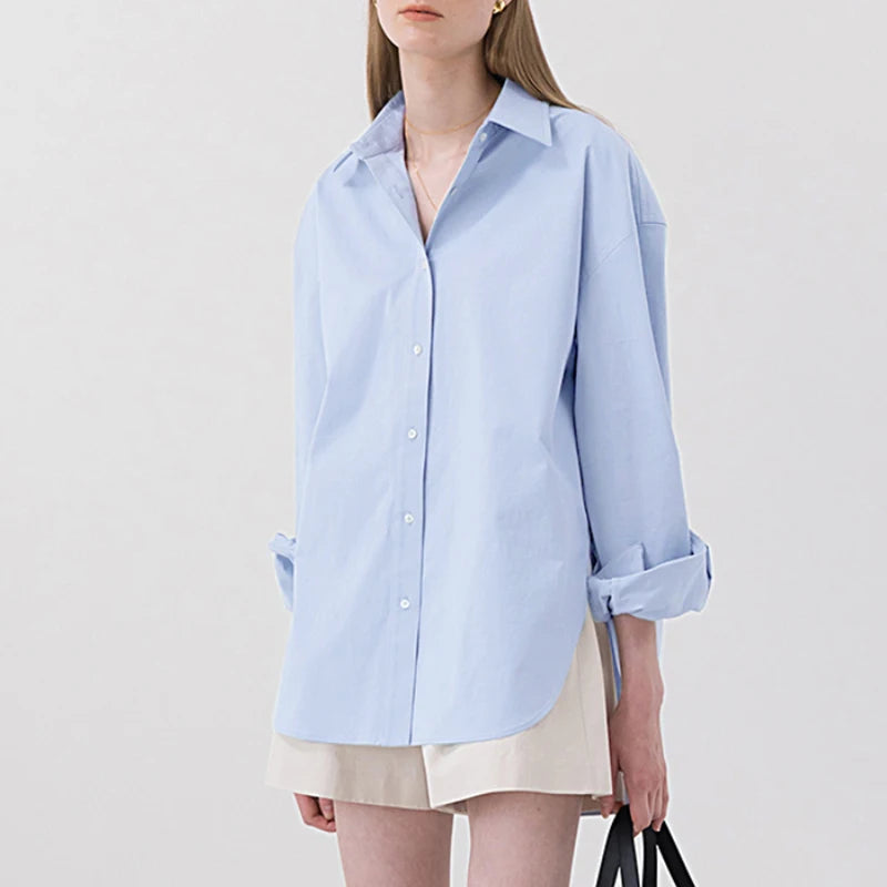 100% Cotton Loose Shirt Women Elegant Casual Turn-Down Collar Long Sleeve Blouse