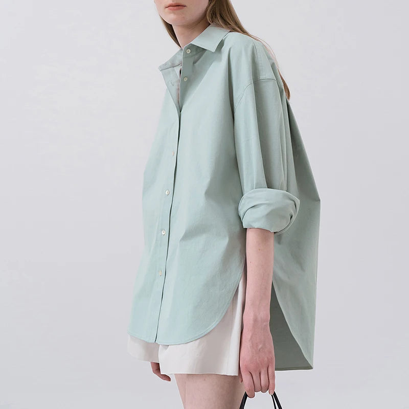 100% Cotton Loose Shirt Women Elegant Casual Turn-Down Collar Long Sleeve Blouse