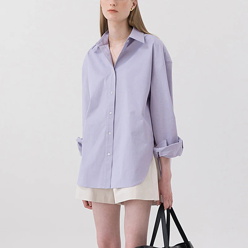 100% Cotton Loose Shirt Women Elegant Casual Turn-Down Collar Long Sleeve Blouse