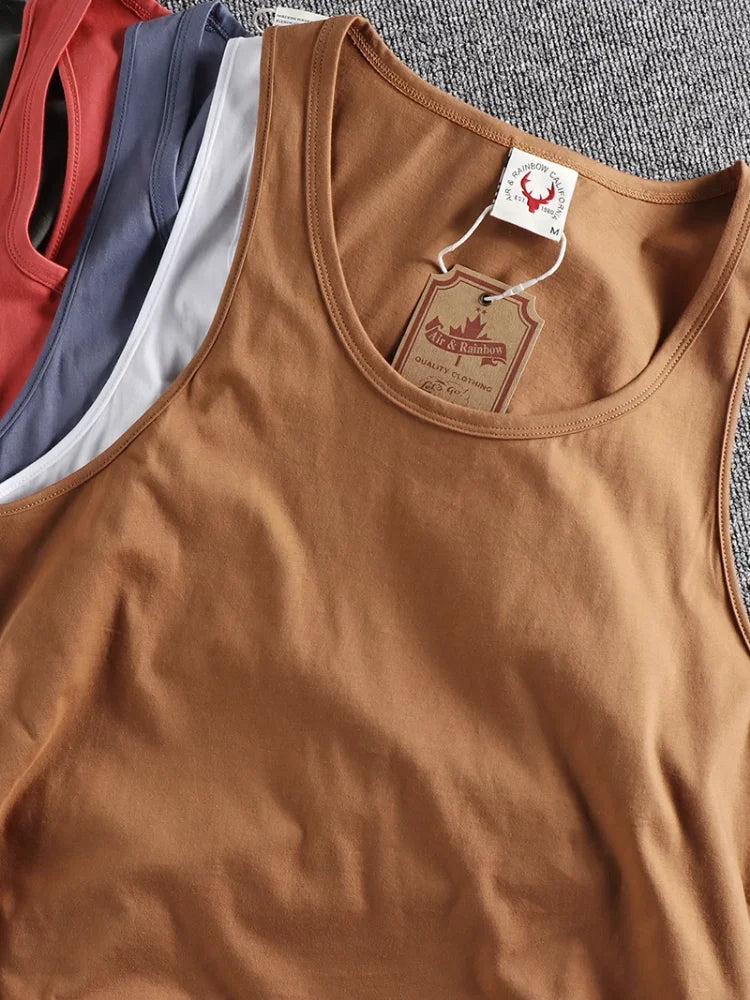 Summer New American Sleeveless O-neck Solid Color T-shirt Men's Fashion 100% Cotton Washed Casual Sports Fitness Basketball Vest