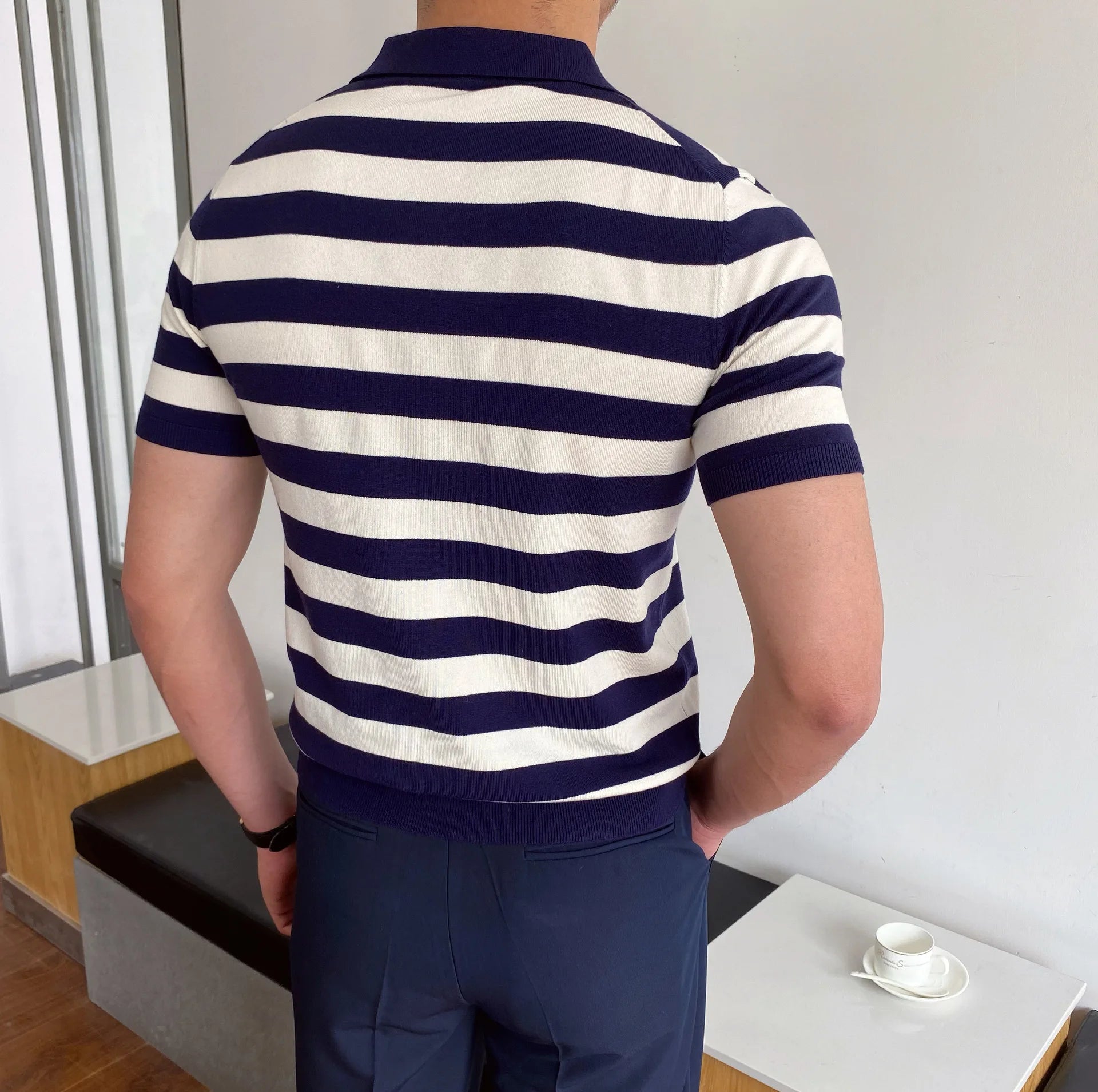 Men's Polo Shirt Elbow-Sleeved T-shirt Fashion Polo Collar Slim-Fit Men Clothing Woolen Sports Polo Tee Shirt Man Golf Shirt EUR
