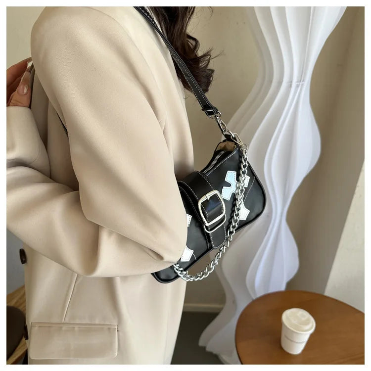 Cool Chain Y2k Girls Underarm Bags Simple Pu Leather Women's Small Shoulder Bag Fashion Retro Female Clutch Handbags Purse