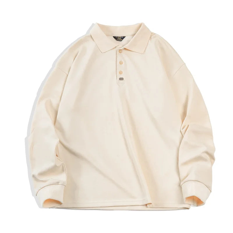 Maden Spring Vintage Oversize Polo Shirts for Men Business Casual Solid Color Long Sleeve T-shirt Stylish Lapel Plain Tops