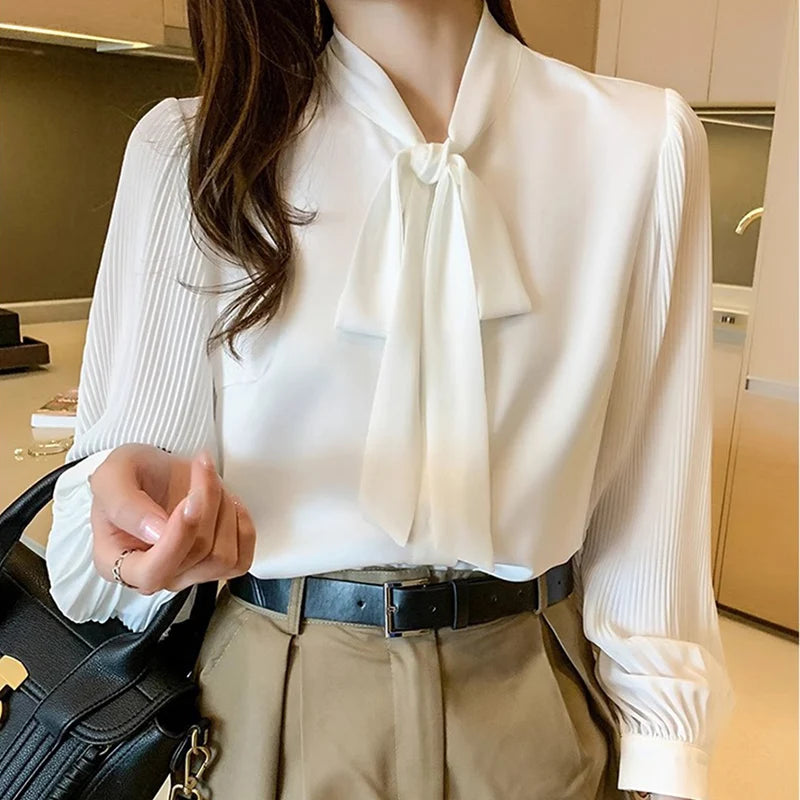 New Pleated Sleeve Chiffon Blouse Women Spring Summer Chic Design Bowknot Lace-Up Long Sleeve Shirt Simple Professional Clothing