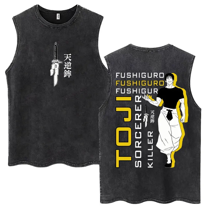 Anime Jujutsu Kaisen Satoru Gojo Vintage Wash Tank Tops Men Women Classic Manga Cotton T Shirt Fashion Loose Sleeveless T-Shirt