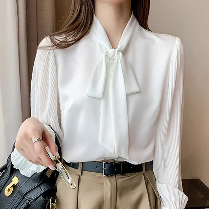 New Pleated Sleeve Chiffon Blouse Women Spring Summer Chic Design Bowknot Lace-Up Long Sleeve Shirt Simple Professional Clothing