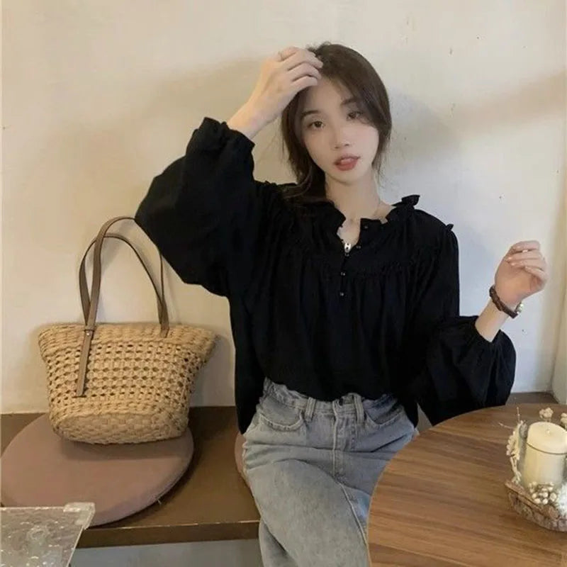 French Style Retro Puff Sleeve Blouse for Women Korean Fashion Spliced Ruffles Chiffon Shirt Ladies Elegant Chic Design Shirts