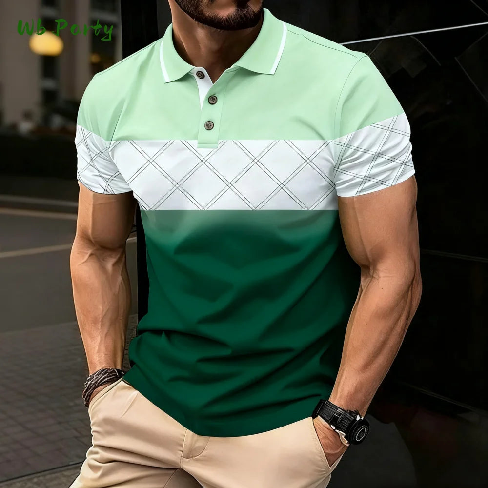 Summer Men's Polo Men's Casual Short Sleeve Polo Shirt Striped Color Block Design Sporty Polo Style Collared Polo Shirts for Man