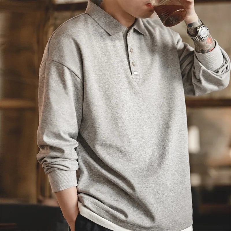 Maden Spring Vintage Oversize Polo Shirts for Men Business Casual Solid Color Long Sleeve T-shirt Stylish Lapel Plain Tops