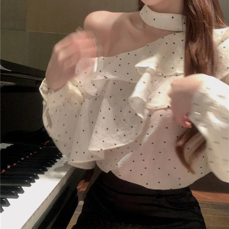 French Style Halter Neck Polka Dot Chiffon Shirts Woman Elegant Off Shoulder Ruffle Blouses Ladies Korean All-Match Trend Blusas