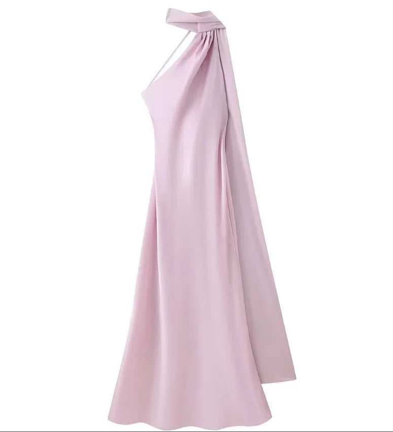 Satin Ribbon Halter Long Dresses Women's Backless Casual Maxi Dress Evening Wedding Guest White Blue Green Summer Graduation New