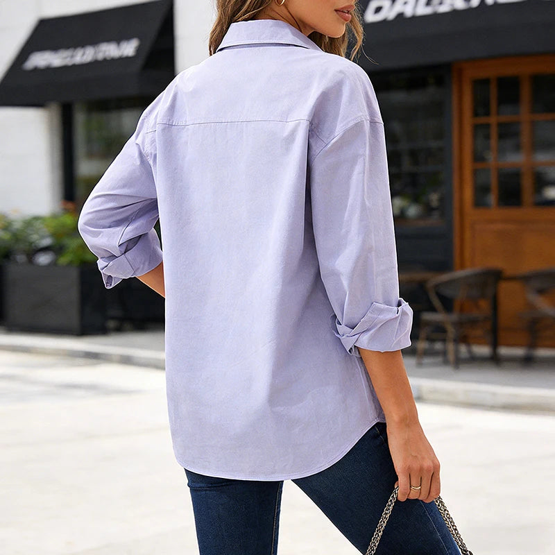 100% Cotton Loose Shirt Women Elegant Casual Turn-Down Collar Long Sleeve Blouse