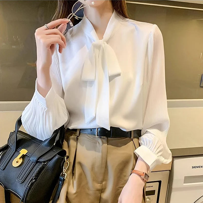 New Pleated Sleeve Chiffon Blouse Women Spring Summer Chic Design Bowknot Lace-Up Long Sleeve Shirt Simple Professional Clothing