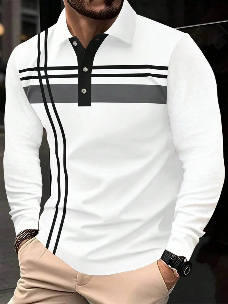 Simple Striped Graphic Polo Shirts For Men Summer Casual Long Sleeve 3D Printed Business Polo Shirt Loose Breathable Tees Tops
