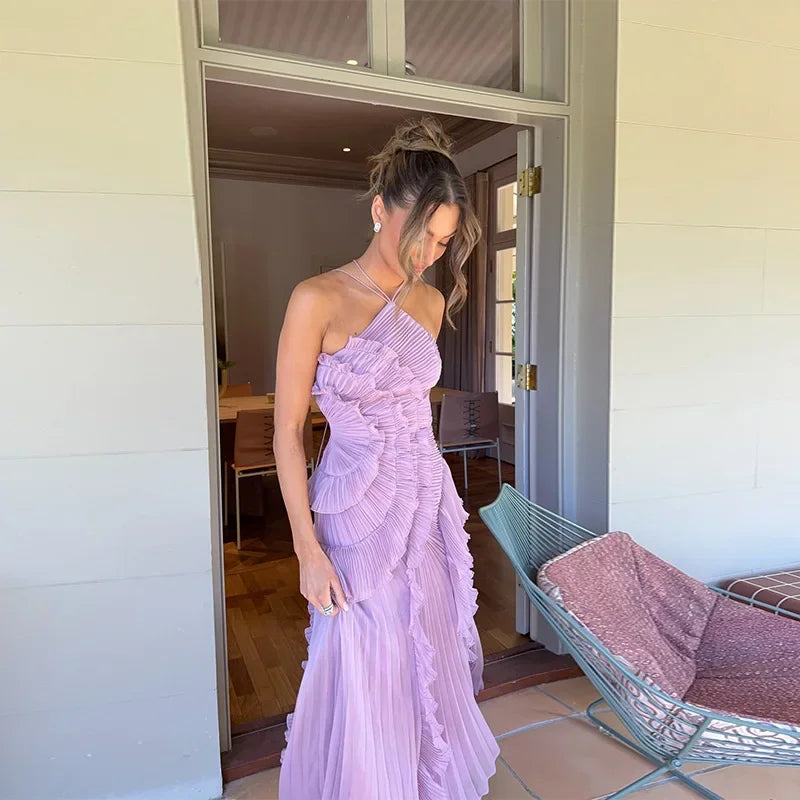Gown Neck Strap Irregular Long Dress For Women Ruffle Sleeveless High Waist Backless Dresses 2025 New Summer Elegant Party Y2k