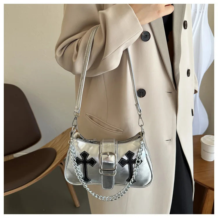 Cool Chain Y2k Girls Underarm Bags Simple Pu Leather Women's Small Shoulder Bag Fashion Retro Female Clutch Handbags Purse