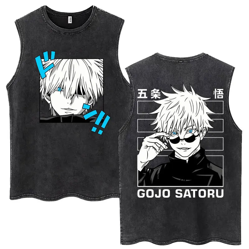 Anime Jujutsu Kaisen Satoru Gojo Vintage Wash Tank Tops Men Women Classic Manga Cotton T Shirt Fashion Loose Sleeveless T-Shirt
