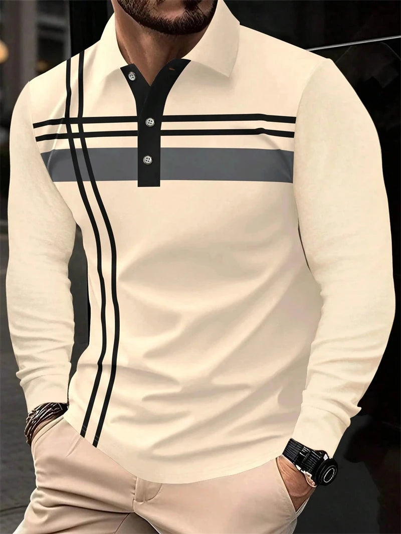Simple Striped Graphic Polo Shirts For Men Summer Casual Long Sleeve 3D Printed Business Polo Shirt Loose Breathable Tees Tops
