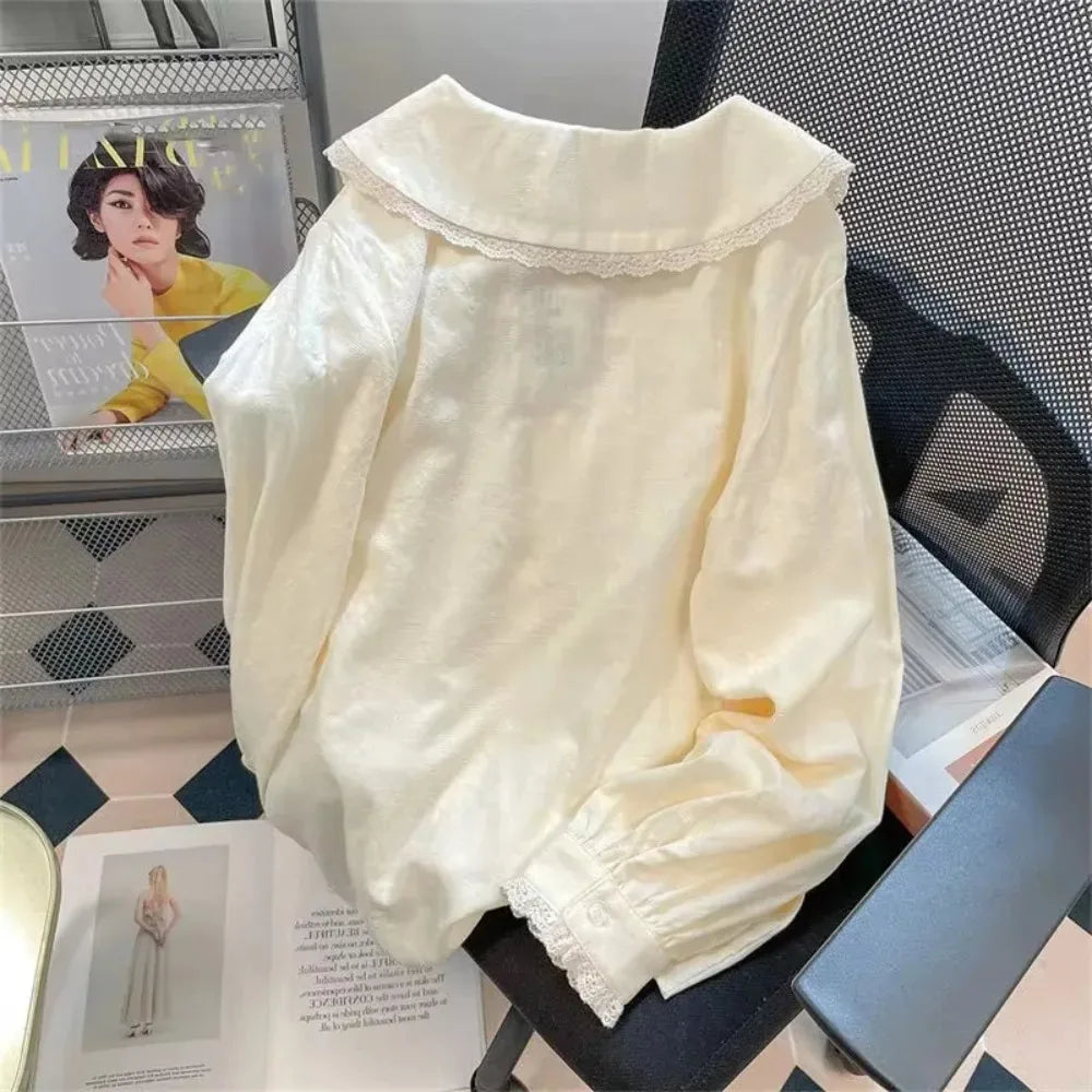 Peter Pan Collar Sweet Shirt Women Lolita Japanese Kawaii Blouse Puff Long Sleeve Elegant White Female Top Basic School Shirts