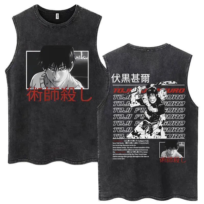 Anime Jujutsu Kaisen Satoru Gojo Vintage Wash Tank Tops Men Women Classic Manga Cotton T Shirt Fashion Loose Sleeveless T-Shirt