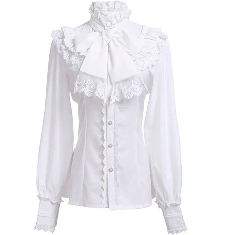 Women's Vintage Ruffle Collar Shirt 2026 Spring New Arrival High Neck Lace Trim Button Down Shirt Elegant Gothic Blouse Tops