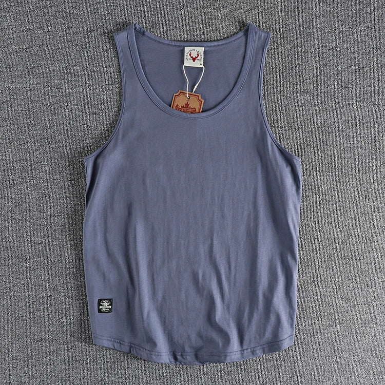 Summer New American Sleeveless O-neck Solid Color T-shirt Men's Fashion 100% Cotton Washed Casual Sports Fitness Basketball Vest