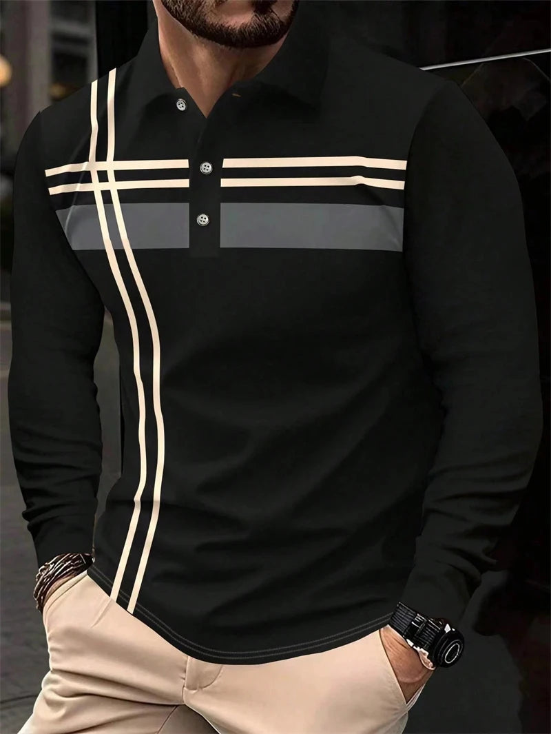 Simple Striped Graphic Polo Shirts For Men Summer Casual Long Sleeve 3D Printed Business Polo Shirt Loose Breathable Tees Tops