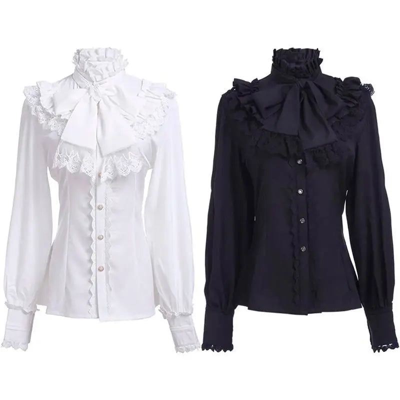 Women's Vintage Ruffle Collar Shirt 2026 Spring New Arrival High Neck Lace Trim Button Down Shirt Elegant Gothic Blouse Tops