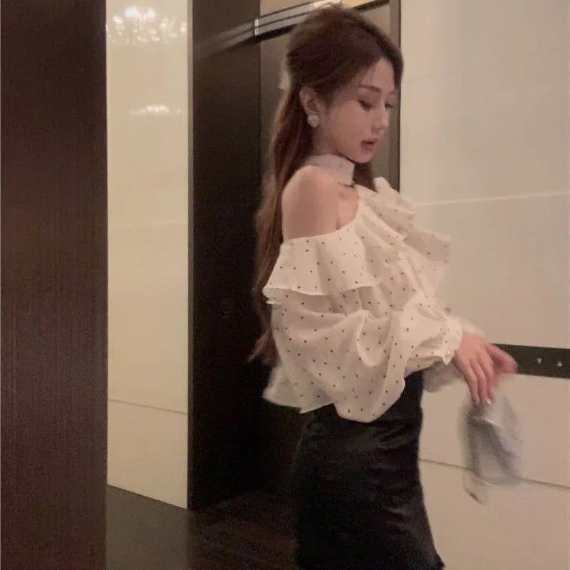 French Style Halter Neck Polka Dot Chiffon Shirts Woman Elegant Off Shoulder Ruffle Blouses Ladies Korean All-Match Trend Blusas