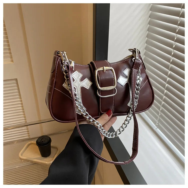 Cool Chain Y2k Girls Underarm Bags Simple Pu Leather Women's Small Shoulder Bag Fashion Retro Female Clutch Handbags Purse