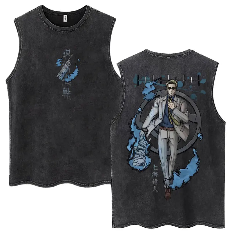 Anime Jujutsu Kaisen Satoru Gojo Vintage Wash Tank Tops Men Women Classic Manga Cotton T Shirt Fashion Loose Sleeveless T-Shirt