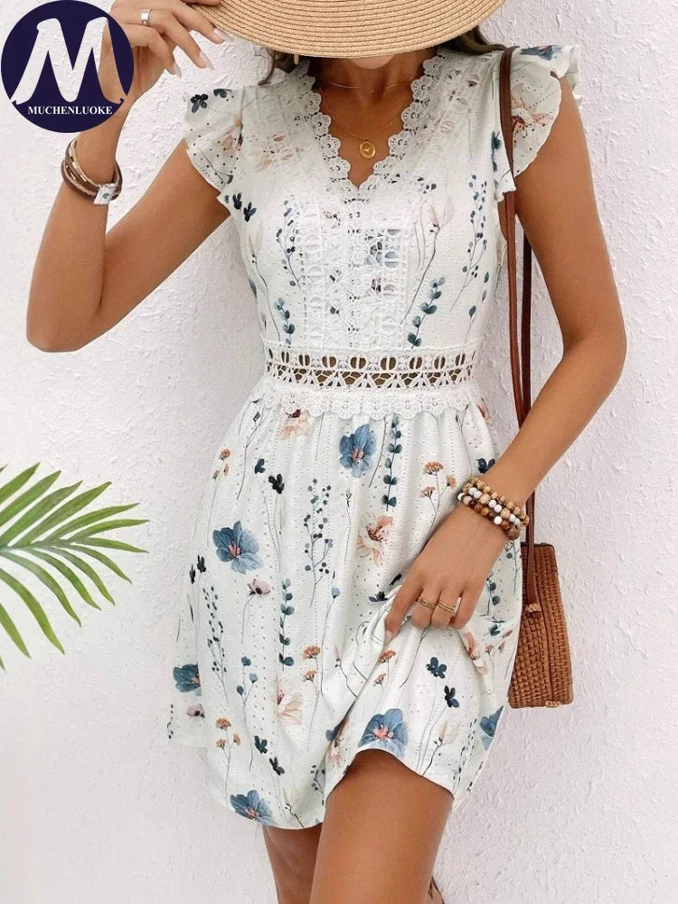 Elegant Sleeveless V Neck Mini Dress for Women Casual Summer Print Fashion Slim Fit Lace Stretch Elegant Dresses