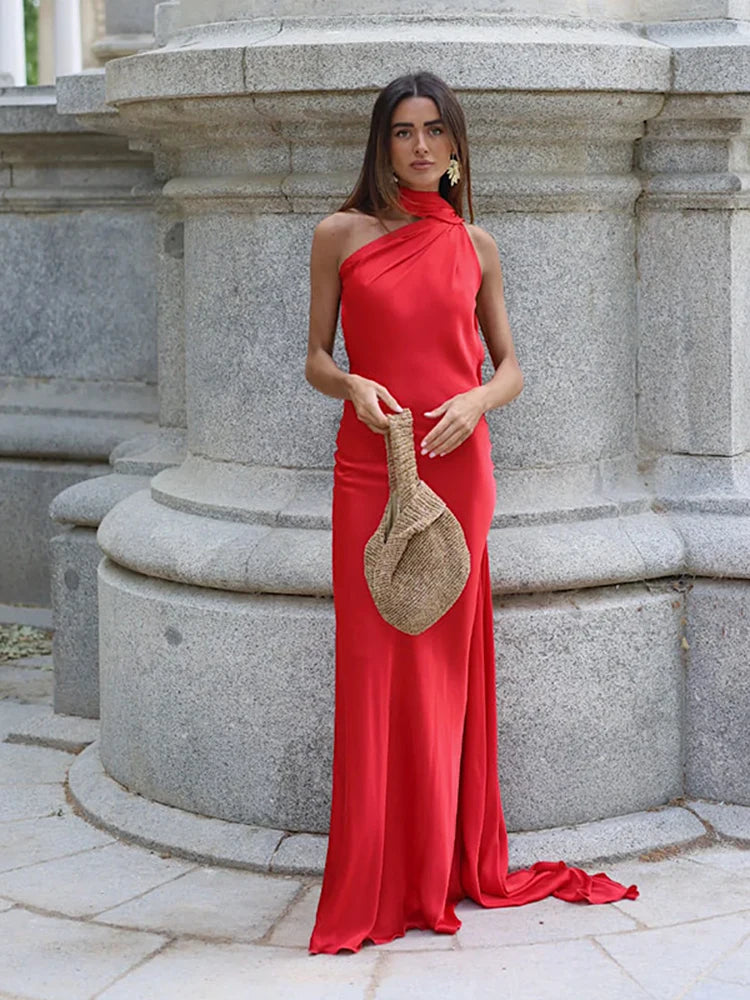 Satin Ribbon Halter Long Dresses Women's Backless Casual Maxi Dress Evening Wedding Guest White Blue Green Summer Graduation New