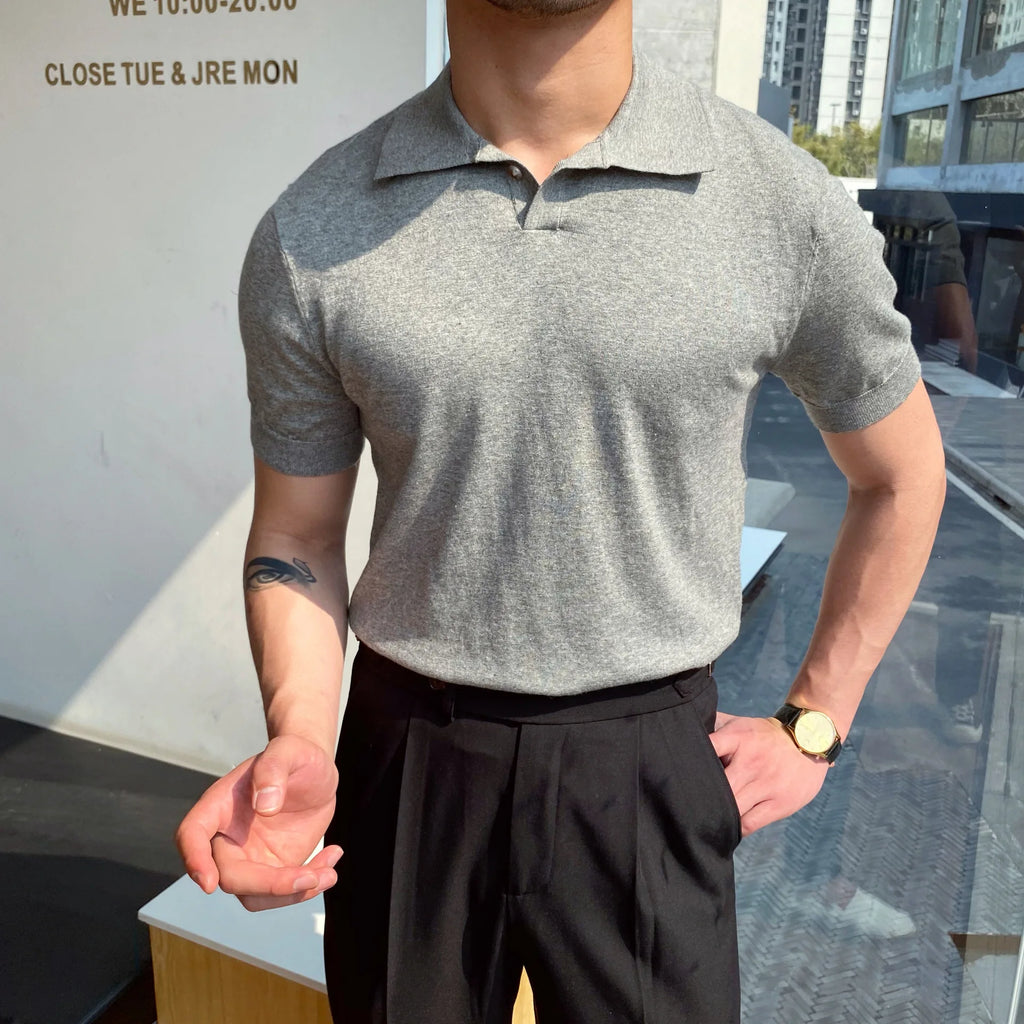 Men's Polo Shirt Elbow-Sleeved T-shirt Fashion Polo Collar Slim-Fit Men Clothing Woolen Sports Polo Tee Shirt Man Golf Shirt EUR