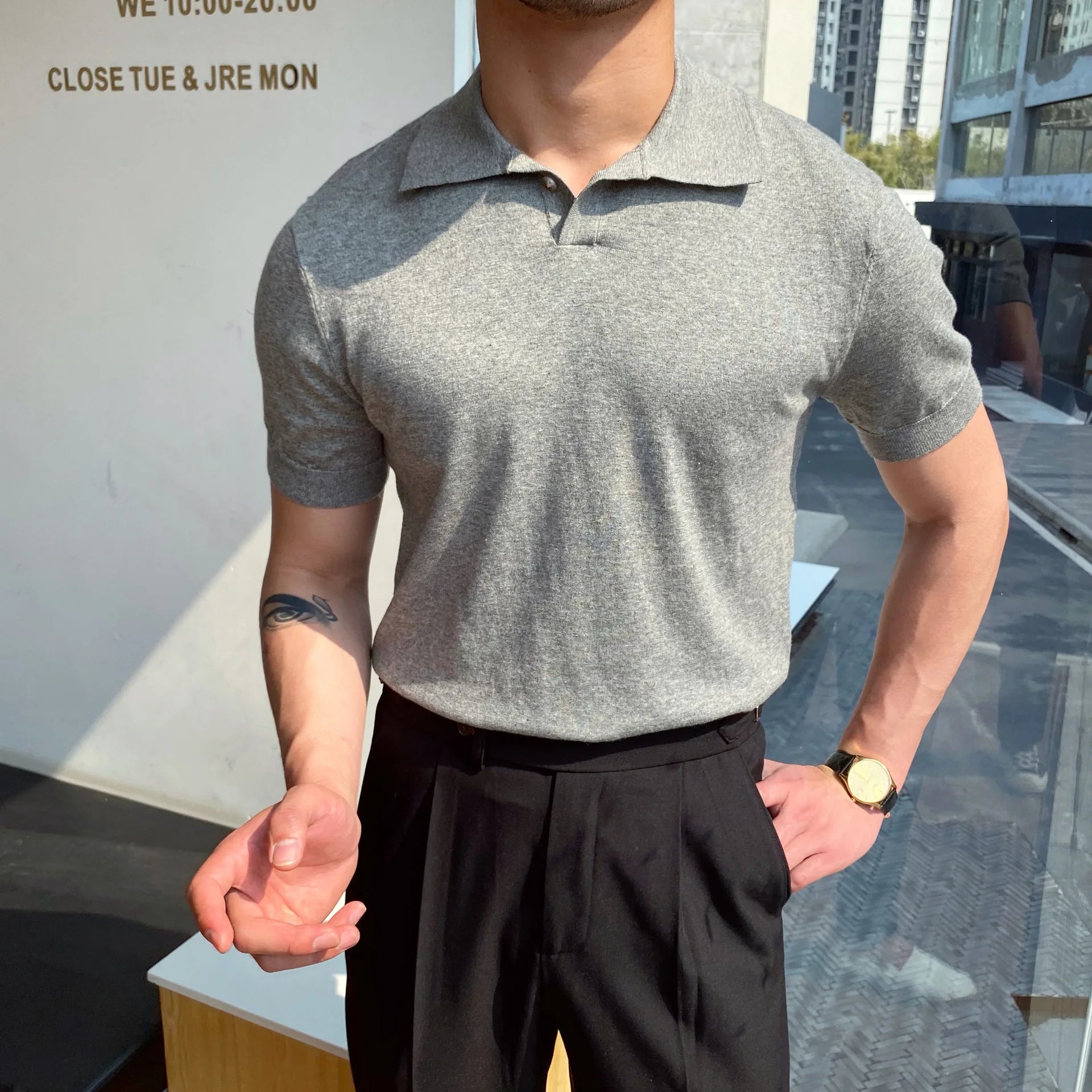 Men's Polo Shirt Elbow-Sleeved T-shirt Fashion Polo Collar Slim-Fit Men Clothing Woolen Sports Polo Tee Shirt Man Golf Shirt EUR