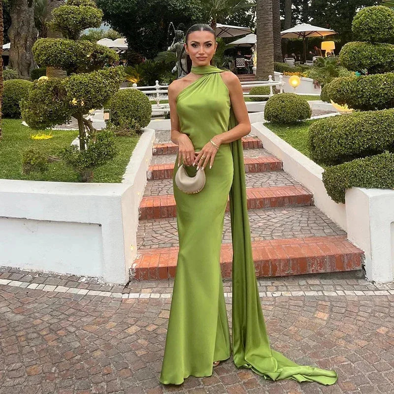 Satin Ribbon Halter Long Dresses Women's Backless Casual Maxi Dress Evening Wedding Guest White Blue Green Summer Graduation New