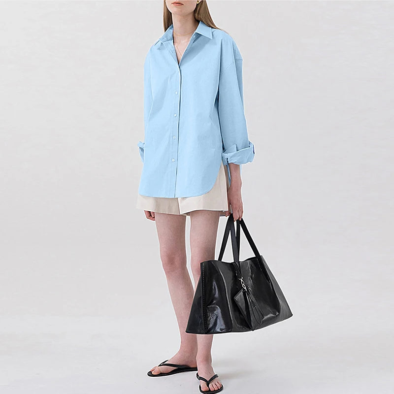 100% Cotton Loose Shirt Women Elegant Casual Turn-Down Collar Long Sleeve Blouse