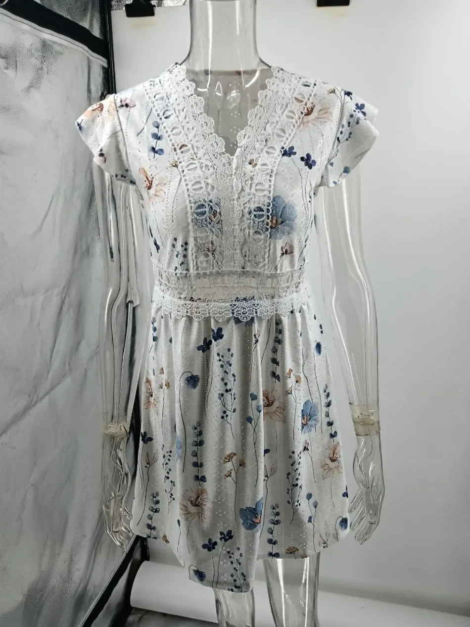 Elegant Sleeveless V Neck Mini Dress for Women Casual Summer Print Fashion Slim Fit Lace Stretch Elegant Dresses