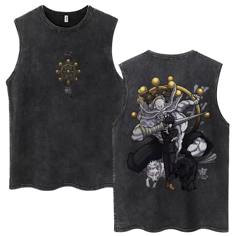 Anime Jujutsu Kaisen Satoru Gojo Vintage Wash Tank Tops Men Women Classic Manga Cotton T Shirt Fashion Loose Sleeveless T-Shirt