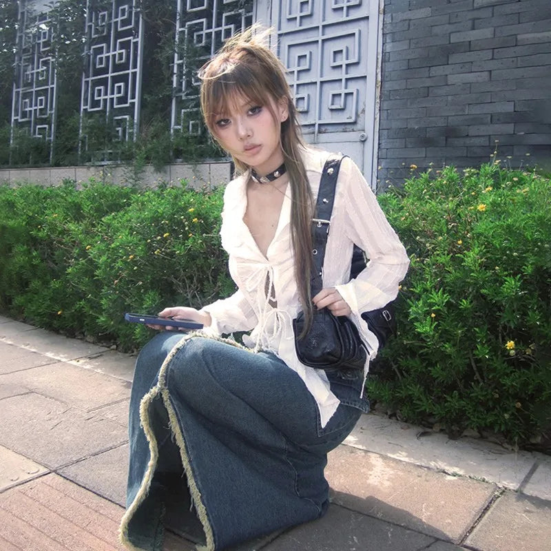 Karrram Y2k Aesthetics Pleated Shirt Fairycore Lace Up Blouse Trashy 2000s Style V-neck Shirt Irregular Japanese Harajuku 90s