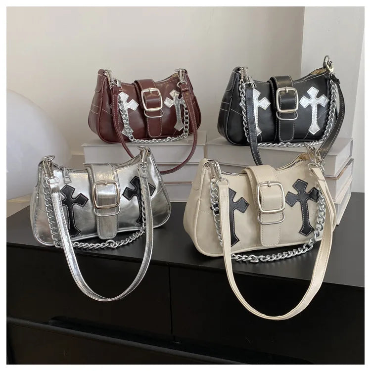 Cool Chain Y2k Girls Underarm Bags Simple Pu Leather Women's Small Shoulder Bag Fashion Retro Female Clutch Handbags Purse
