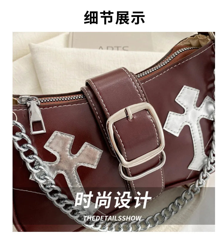 Cool Chain Y2k Girls Underarm Bags Simple Pu Leather Women's Small Shoulder Bag Fashion Retro Female Clutch Handbags Purse