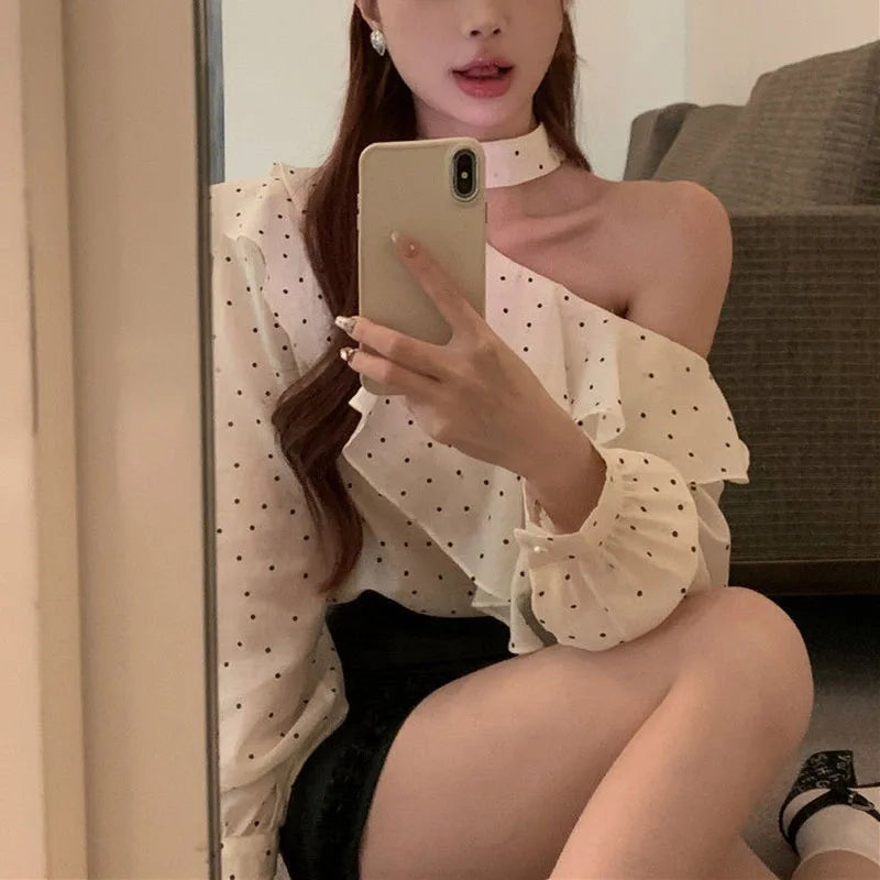 French Style Halter Neck Polka Dot Chiffon Shirts Woman Elegant Off Shoulder Ruffle Blouses Ladies Korean All-Match Trend Blusas