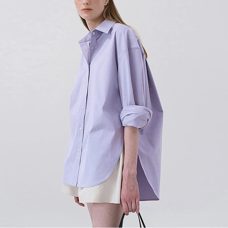 100% Cotton Loose Shirt Women Elegant Casual Turn-Down Collar Long Sleeve Blouse