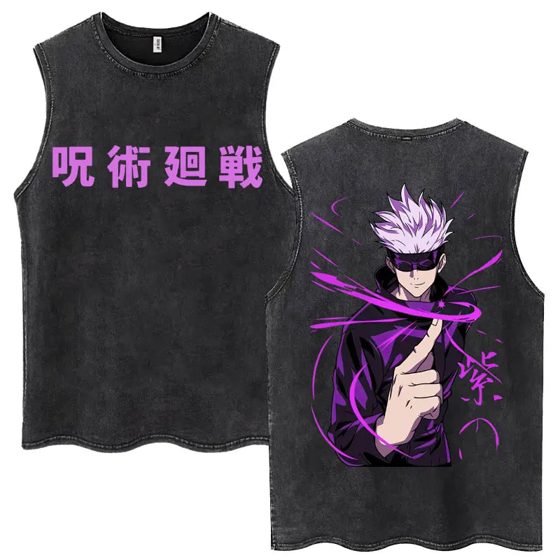 Anime Jujutsu Kaisen Satoru Gojo Vintage Wash Tank Tops Men Women Classic Manga Cotton T Shirt Fashion Loose Sleeveless T-Shirt