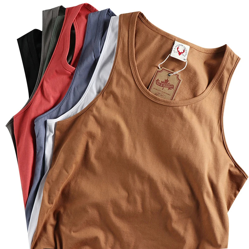 Summer New American Sleeveless O-neck Solid Color T-shirt Men's Fashion 100% Cotton Washed Casual Sports Fitness Basketball Vest