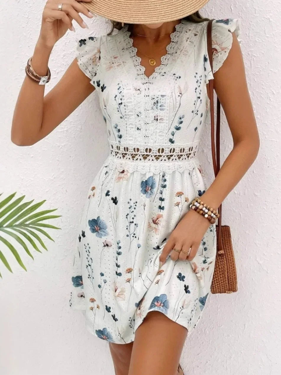 Elegant Sleeveless V Neck Mini Dress for Women Casual Summer Print Fashion Slim Fit Lace Stretch Elegant Dresses