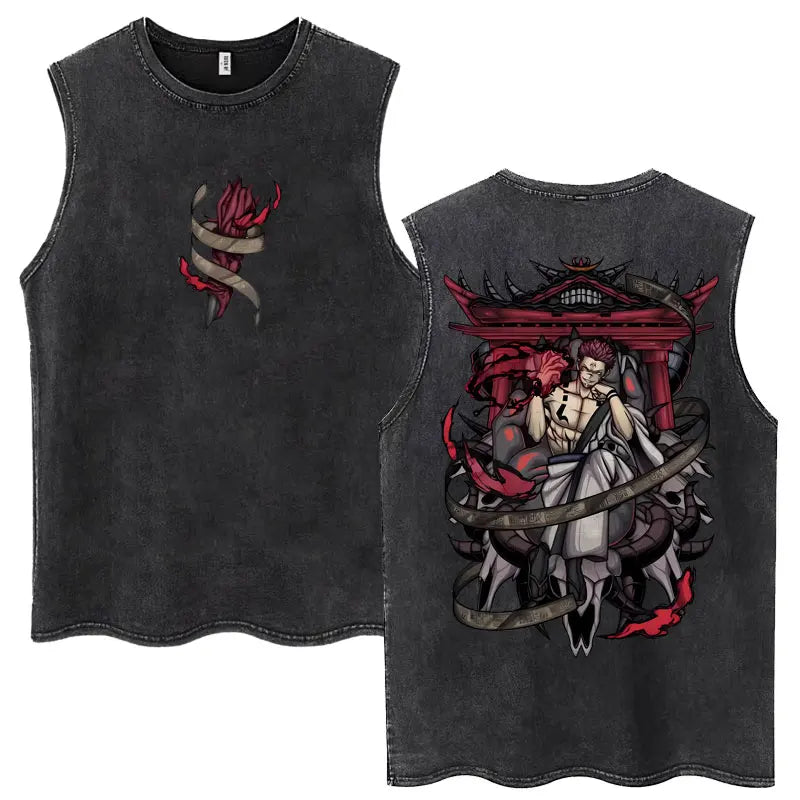 Anime Jujutsu Kaisen Satoru Gojo Vintage Wash Tank Tops Men Women Classic Manga Cotton T Shirt Fashion Loose Sleeveless T-Shirt