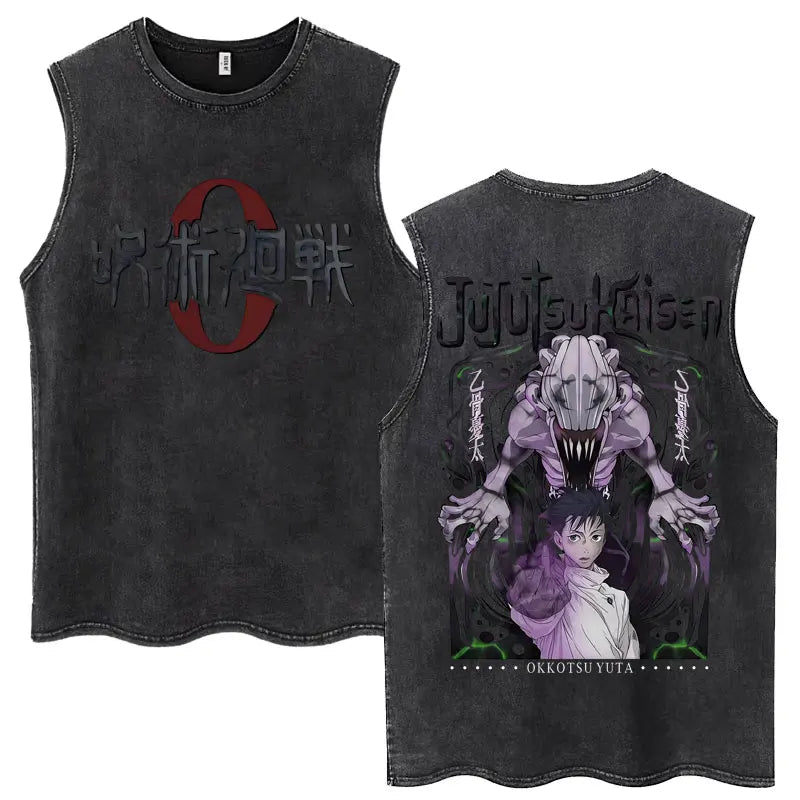 Anime Jujutsu Kaisen Satoru Gojo Vintage Wash Tank Tops Men Women Classic Manga Cotton T Shirt Fashion Loose Sleeveless T-Shirt