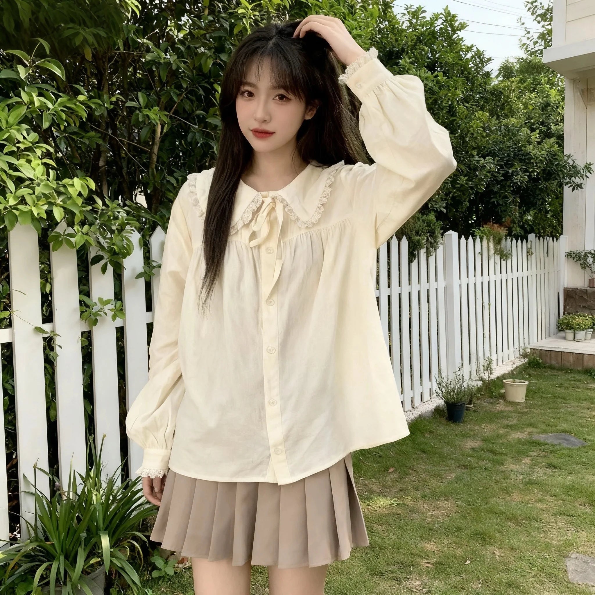 Peter Pan Collar Sweet Shirt Women Lolita Japanese Kawaii Blouse Puff Long Sleeve Elegant White Female Top Basic School Shirts